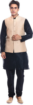 

TAG-7 Men Kurta, Waistcoat and Pyjama Set, Beige;black