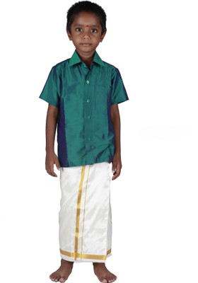 

Soruba Silk Boys Shirt & Dhoti Set, Dark olive green