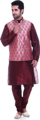 

TAG-7 Men Kurta, Waistcoat and Pyjama Set, Maroon