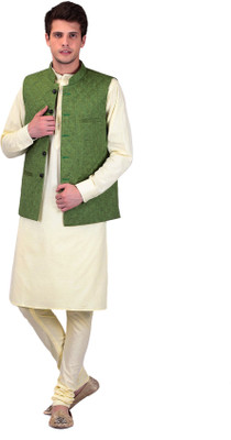 

TAG-7 Men Kurta, Waistcoat and Pyjama Set, Yellow