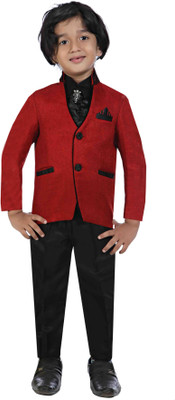 

Jeet Coat Suit Set with Shirt Self Design Boys Suit, Maroon