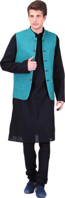 

TAG-7 Men Kurta, Waistcoat and Pyjama Set, Black