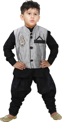 

JBN Creation Boys Kurta, Waistcoat and Pyjama Set, Silver::black