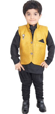 

Ahhaaaa Boys Kurta, Waistcoat and Dhoti Pant Set, Black & yellow
