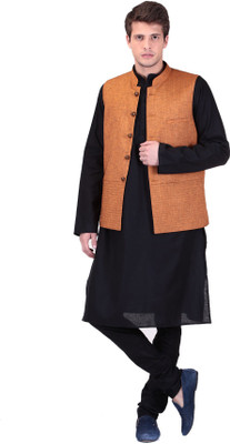 

TAG-7 Men Kurta, Waistcoat and Pyjama Set, Black