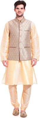 

TAG-7 Men Kurta, Waistcoat and Pyjama Set, Gold