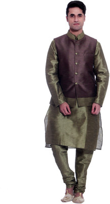 

TAG-7 Men Kurta, Waistcoat and Pyjama Set, Green