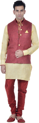 

New Looks Men Kurta, Waistcoat and Pyjama Set, Yellow