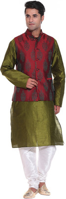 

TAG-7 Men Kurta, Waistcoat and Pyjama Set, Light green