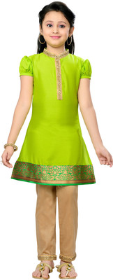 

K&U Girls Kurta and Pyjama Set, Green & beige