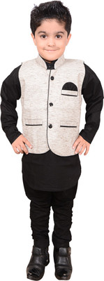 

Ahhaaaa Boys Ethnic Jacket, Kurta and Dhoti Pant Set, Black & white