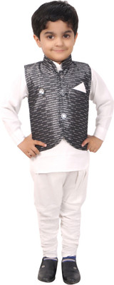 

Ahhaaaa Boys Kurta, Waistcoat and Dhoti Pant Set, Black & white