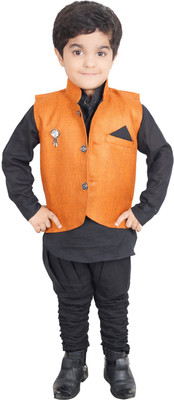 

Ahhaaaa Boys Kurta, Waistcoat and Dhoti Pant Set, Black & orange