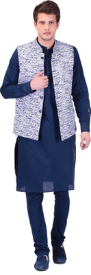 

TAG-7 Men Kurta, Waistcoat and Pyjama Set, Blue