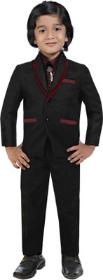 

Jeet Coat Suit Set with Shirt Self Design Boys Suit, Black