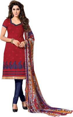 

Ishin Cotton Embroidered Semi-stitched Salwar Suit Dupatta Material, Red navyblue