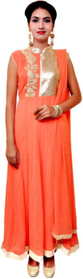 

Unique Creation Georgette Embroidered Semi-stitched Salwar Suit Dupatta Material, Gold;orange