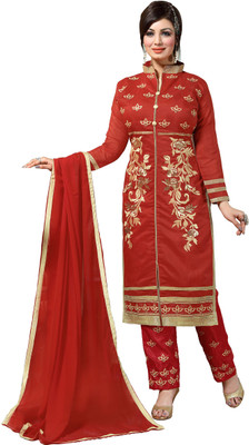 

Khushali Chanderi Self Design, Embroidered Salwar Suit Dupatta Material(Un-stitched), Red
