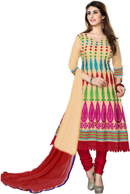 

Jiya Cotton Self Design, Embroidered Salwar Suit Dupatta Material(Un-stitched), Chikoo;red