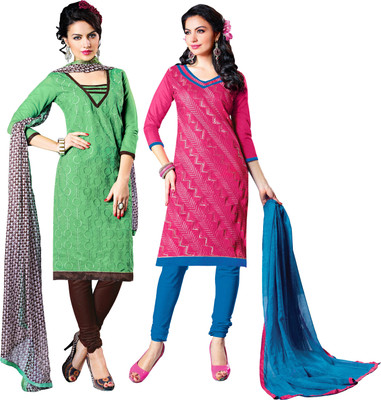 

Khushali Chanderi Self Design, Embroidered Salwar Suit Dupatta Material(Un-stitched), Green;pink