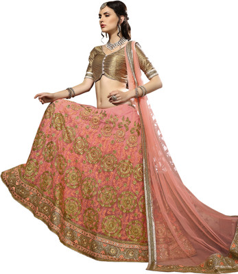 

Khushali Self Design, Embroidered, Embellished Lehenga Choli(Pink, Beige), Beige;pink
