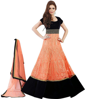 

Javuli Synthetic Georgette Embroidered Semi-stitched Salwar Suit Dupatta Material, Orange