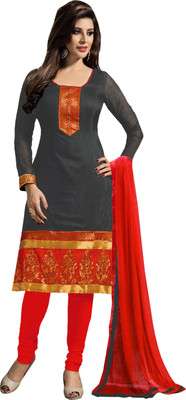 

Zombom Chanderi Embroidered Salwar Suit Dupatta Material(Un-stitched), Black