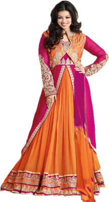 

V And V Shop Georgette Embroidered Semi-stitched Salwar Suit Dupatta Material, Orange