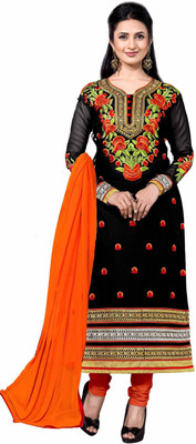 

Khushali Cotton Embroidered Salwar Suit Dupatta Material(Un-stitched), Black;orange