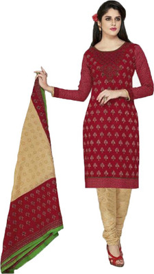 

Party Wear Dresses Cotton Printed Semi-stitched Salwar Suit Dupatta Material, Red