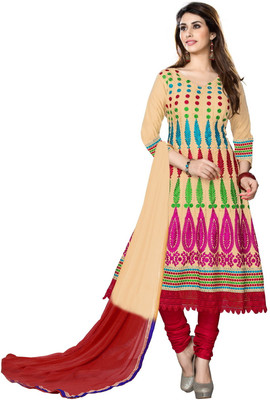 

Khushali Cotton Embroidered Dress/Top Material(Un-stitched), Beige;red