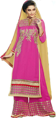 

GoAavaran Georgette Embroidered Semi-stitched Salwar Suit Dupatta Material, Pink yellow