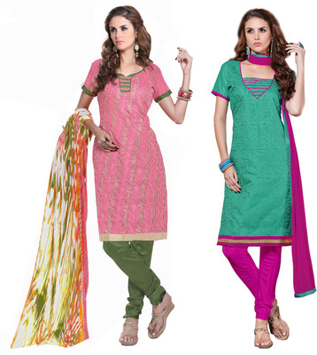 

Khushali Chanderi Self Design, Embroidered Salwar Suit Dupatta Material(Un-stitched), Green;pink