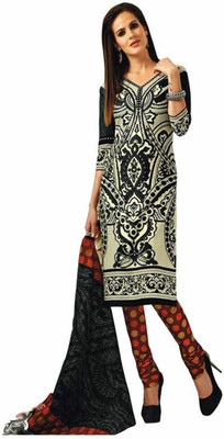 Javuli Cotton Printed Salwar Suit Dupatta Material(Un-stitched), Black;maroon