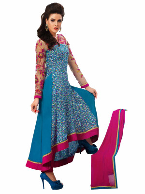 

V And V Shop Georgette Embroidered Semi-stitched Salwar Suit Dupatta Material, Blue