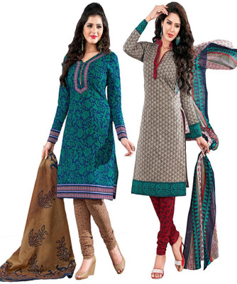 

Javuli Cotton Printed Salwar Suit Dupatta Material(Un-stitched), Green;grey