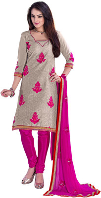 

Khushali Chanderi Self Design, Embroidered, Embellished Dress/Top Material(Un-stitched), Chikoo;dark pink