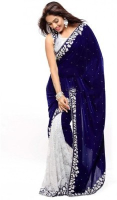 

Aksh Fashion Embroidered Fashion Velvet Saree(Blue)