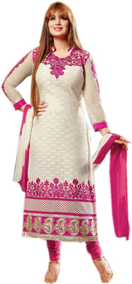 

V And V Shop Cotton Embroidered Semi-stitched Salwar Suit Dupatta Material, White;orange