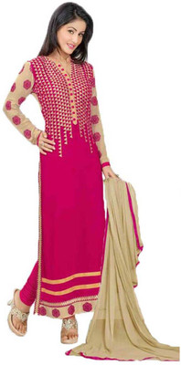 

Javuli Synthetic Georgette Embroidered Salwar Suit Material(Un-stitched), Pink