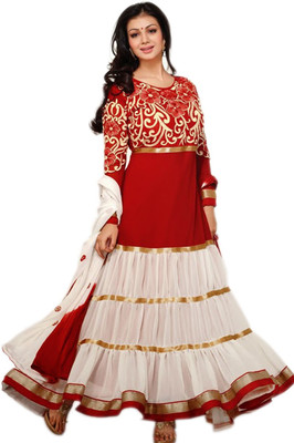 

V And V Shop Georgette Embroidered Semi-stitched Salwar Suit Dupatta Material, White