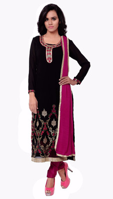 

Khushali Georgette Self Design, Embroidered, Embellished Salwar Suit Dupatta Material(Un-stitched), Black;pink
