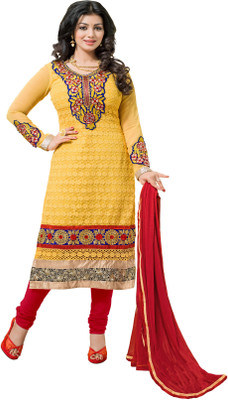 

Women Latest Fancy Designer Salwar Suit Georgette Self Design, Embroidered Salwar Suit Dupatta Material(Un-stitched), Yellow