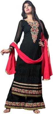 

Vandv Shop Georgette Embroidered Semi-stitched Salwar Suit Dupatta Material, Black
