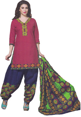 

Party Wear Dresses Cotton Printed Semi-stitched Salwar Suit Dupatta Material, Red