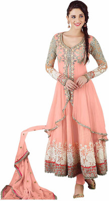 

V And V Shop Net Embroidered Semi-stitched Salwar Suit Dupatta Material, Red