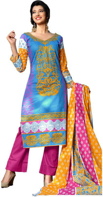 

GoAavaran Cotton Printed Salwar Suit Dupatta Material(Un-stitched), Blue pink multicolor