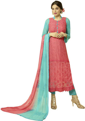 

Vandv Shop Chiffon Embroidered Salwar Suit Material(Un-stitched), Sky;pink