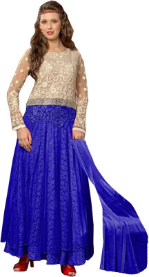 V And V Shop Net Embroidered Semi-stitched Salwar Suit Dupatta Material, Blue