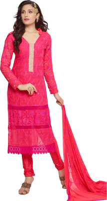 

V And V Shop Chiffon Embroidered Semi-stitched Salwar Suit Material, Red